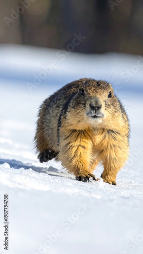 A large rodent stands in the snow, looking forward