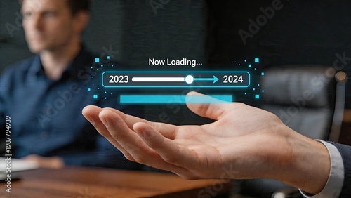 Businessman holding hologram screen showing progress bar transition from twenty twenty three to twenty twenty four concept of New Year loading technology interface and office work