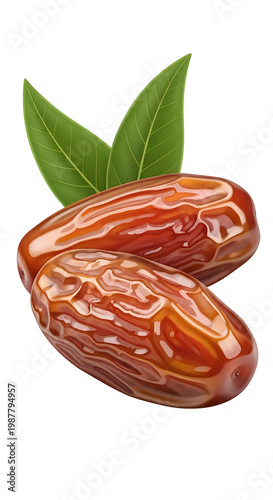 Two dried dates with attached green leaves on a plain background
