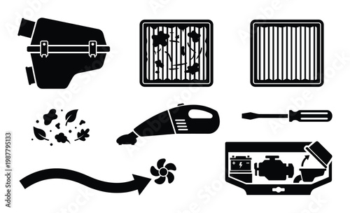 Air filter replacement icons for car engine maintenance showing dirty and clean elements with tools