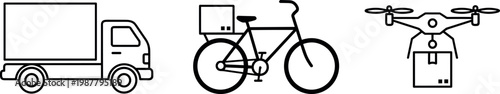Delivery transport icon set featuring truck bicycle courier and drone shipping symbols in minimal outline style for logistics services