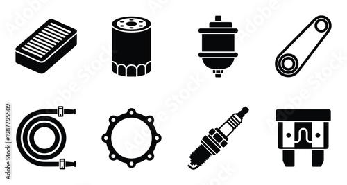 Automotive parts and accessories in black silhouette vector icons collection