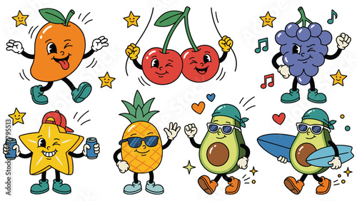 Retro cartoon fruit characters collection with mango cherries grapes pineapple and avocado.