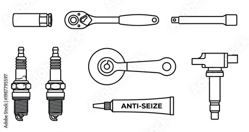Automotive tools and engine parts collection set for car repair and maintenance services