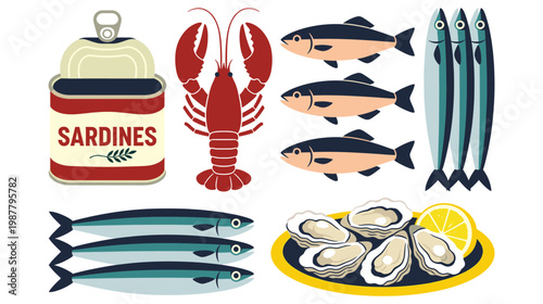 Various seafood illustrations including sardines, lobsters, and oysters on white.