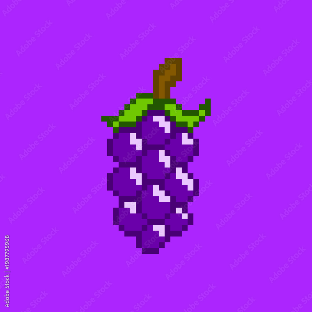 Fototapeta premium Pixel Art of a Purple Grapes with Leaves