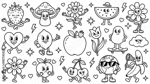 Set of cute black and white cartoon fruit, vegetable, and flower stickers.