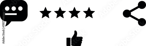 Customer feedback and social interaction solid icon set with rating stars, like, chat, and share symbols for digital applications