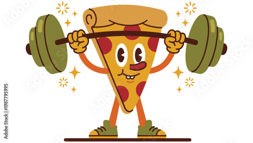 Strong pizza slice character lifting heavy barbell weight in vintage cartoon mascot style.