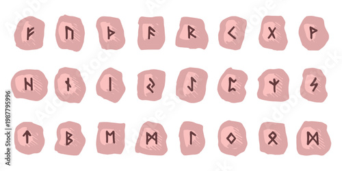Set of hand drawn viking runes Rune stones with ancient norse alphabet characters engraved on them Scandinavian futhark germanic celtic Single element for design, print, web, decor