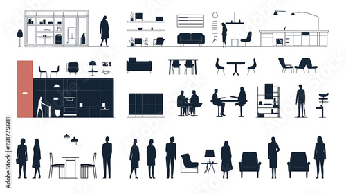 Collection of Architectural Elements and People Silhouettes for Design.