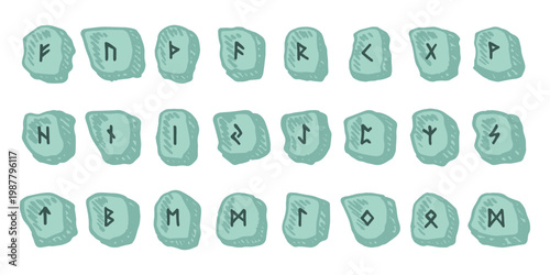 Set of hand drawn viking runes Rune stones with ancient norse alphabet characters engraved on them Scandinavian futhark germanic celtic Single element for design, print, web, decor