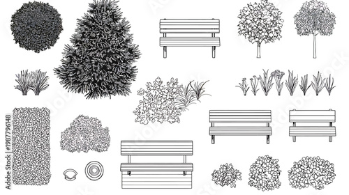 Collection of Architectural Landscape Elements and Park Furniture Line Art.