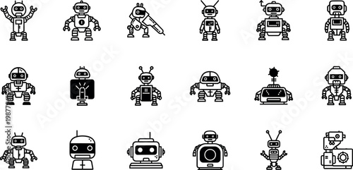 Cute robot character icon set featuring various friendly android designs in minimal outline style for technology and ai applications