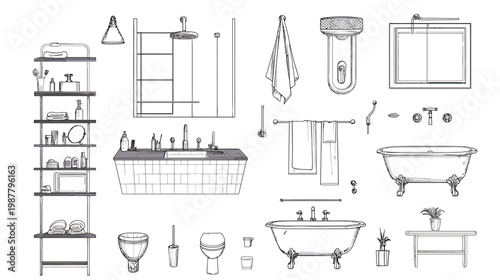 Collection of Bathroom Fixtures and Accessories Hand Drawn Sketch.