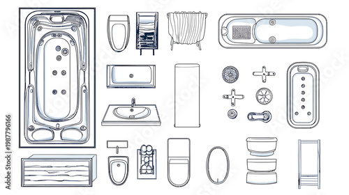 Collection of Bathroom Fixtures and Fittings Line Drawings.