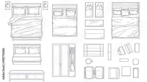 Collection of Bedroom Furniture and Decor Elements Top View.