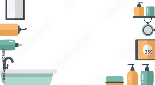 This flat vector illustration features a collection of bathroom-related objects like a sink, soap dispensers, and a scale arranged as a frame.