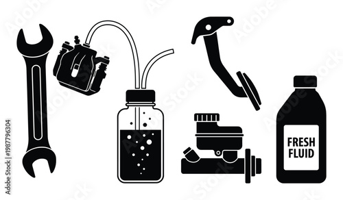 Car brake system fluid change and maintenance tools and parts collection
