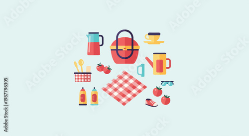 A vibrant vector illustration showcasing various picnic essentials like a basket, blanket, tomatoes, and drinks on a soft blue backdrop.