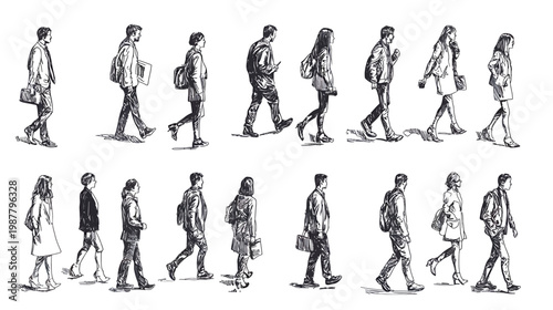 Collection of Diverse People Walking in a Sketchy Style.