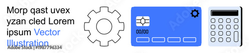 Finance, technology, payment methods, business, financial planning, digital systems. Gear, a blue card and a calculator mechanics and payments. Finance and technology combined concept