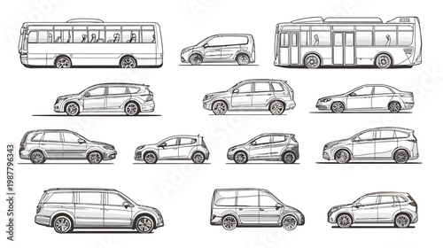 Collection of Diverse Vehicle Silhouettes for Transportation Concepts.