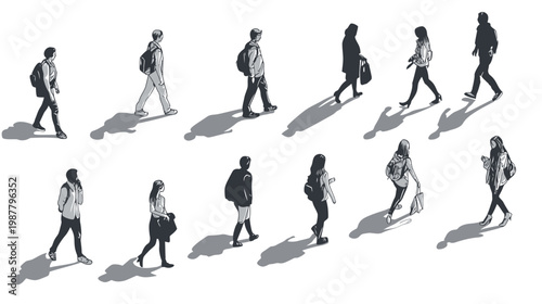 Collection of Diverse People Walking from Above View.