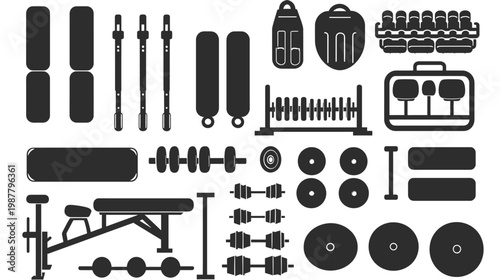 Collection of Gym Equipment and Fitness Accessories for Workout.
