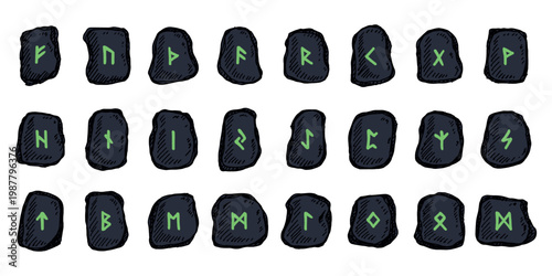 Set of hand drawn viking runes Rune stones with ancient norse alphabet characters engraved on them Scandinavian futhark germanic celtic Single element for design, print, web, decor