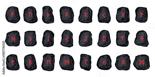 Set of hand drawn viking runes Rune stones with ancient norse alphabet characters engraved on them Scandinavian futhark germanic celtic Single element for design, print, web, decor