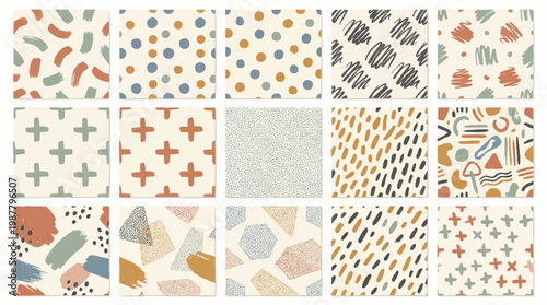 Abstract hand drawn seamless pattern collection with organic brushstrokes, dots and geometric shapes in earth tone colors, concept for textile design, interior wallpaper and advertising