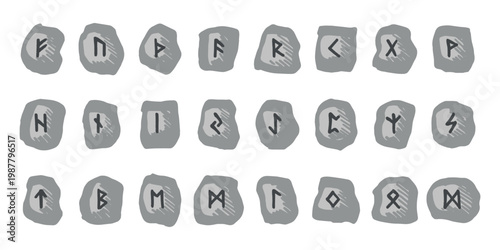 Set of hand drawn viking runes Rune stones with ancient norse alphabet characters engraved on them Scandinavian futhark germanic celtic Single element for design, print, web, decor