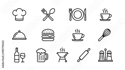 Minimalist black outline restaurant and kitchen equipment icon set isolated on white background, concept for restaurant menu design, catering service branding and culinary app interface