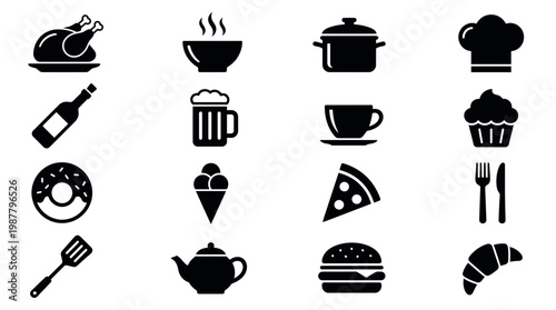 Collection of black minimalist food and beverage icons including pizza burger coffee and kitchen tools on white background, concept for restaurant menu design, culinary branding and cafe website