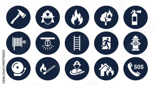 White firefighting and fire safety icons in dark blue circles including extinguisher hydrant axe and alarm bell, concept for emergency response training, workplace safety and fire prevention