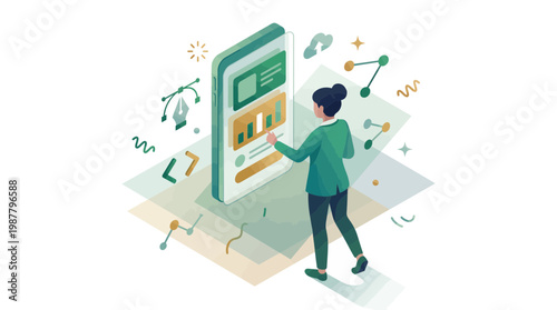 Female digital marketer analyzing mobile application interface with data charts and creative icons, concept for app development, financial analytics and user experience design