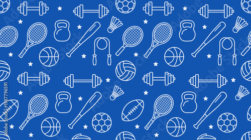 White line art sports icons seamless pattern featuring dumbbells and rackets on blue background, concept for gym wall wallpaper, athletic apparel textile design and fitness website backdrop