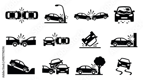 Set of car accident and vehicle collision icons showing various road crash scenarios in black silhouette style, concept for insurance claims, road safety awareness and automotive emergency services