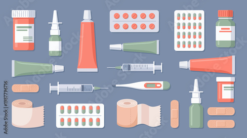 Various medical equipment and supplies like pills, syringes, ointments and bandages on grey background, concept for healthcare insurance, pharmacy advertising and medical education