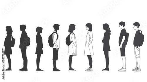 Diverse group of students standing in line with backpacks.