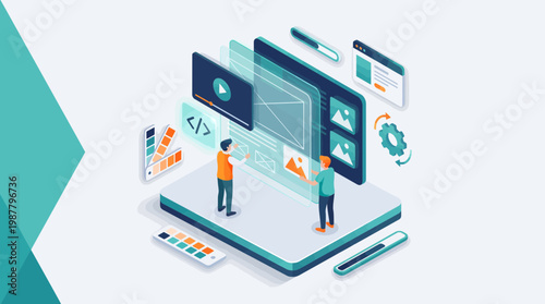 Isometric UI designers and frontend developers building website interface with code and color palette on tablet, concept for website development, app design and software engineering