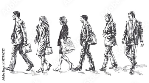 Group of business people walking in a line illustration.