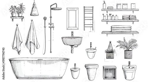 Hand Drawn Sketch of Bathroom Fixtures and Accessories.