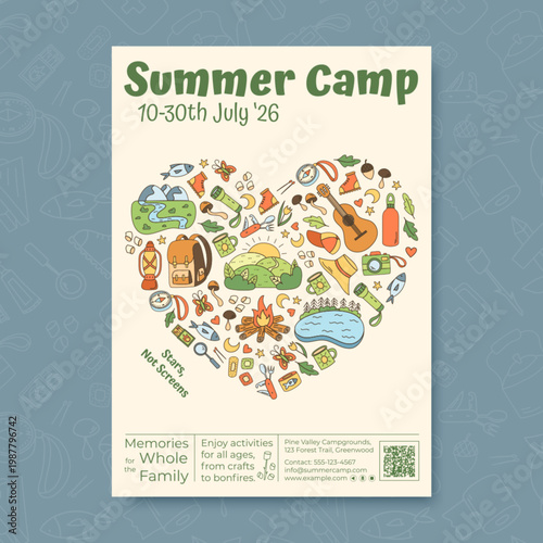 Vertical summer camp adventure with family in heart shape, cartoon doodle style. Color and concept of camping outdoors, tent, campfire, and backpack form a playful sketch for outdoor fun.