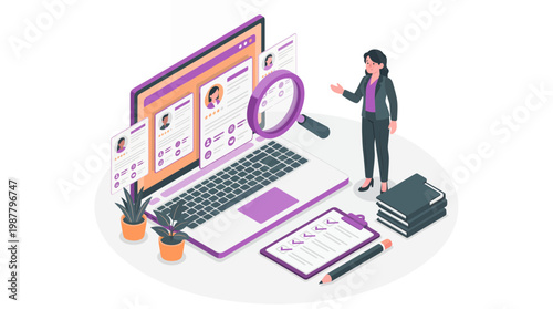 Isometric female human resources recruiter reviewing candidate resumes on laptop screen with magnifying glass, concept for recruitment management, talent acquisition and hiring service