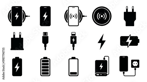 Collection of mobile charging icons including wireless pads wall plugs cables and battery status on white background, concept for interface design, app development and tech documentation
