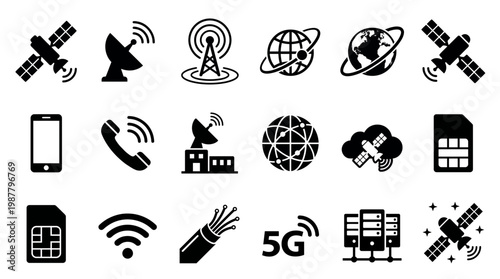 Black telecommunication and satellite network vector icons isolated on white background, concept for global connectivity, telecommunication infrastructure and 5G technology development