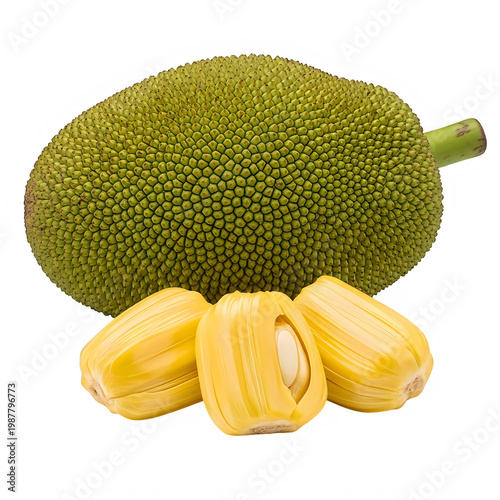 Fresh jackfruit slices and whole jackfruit on a white surface
