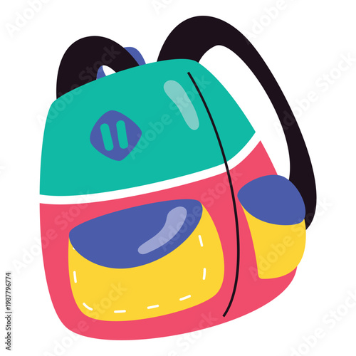A vibrant, colorful cartoon backpack with multiple pockets and black straps, ready for school or travel.